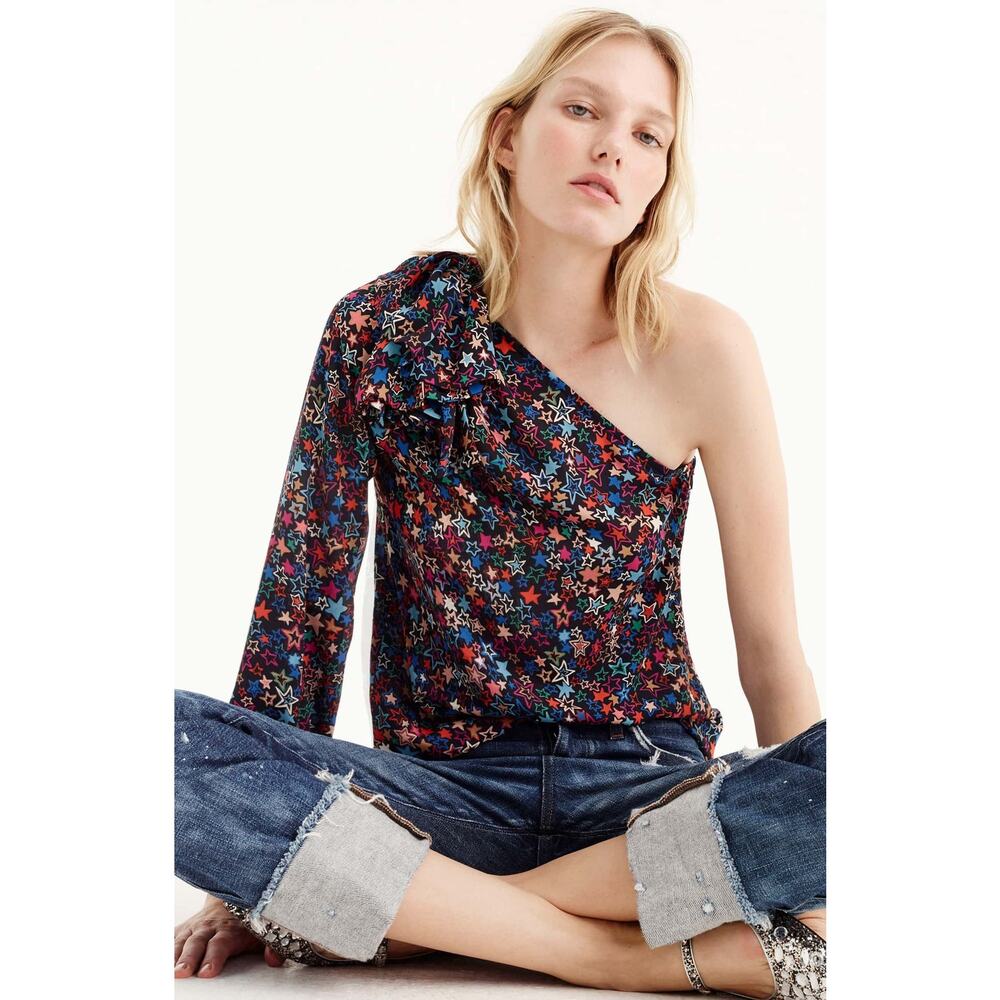 NWT J. Crew One-shoulder top in kaleidoscope star print Size 2 Indigo Multi Blue